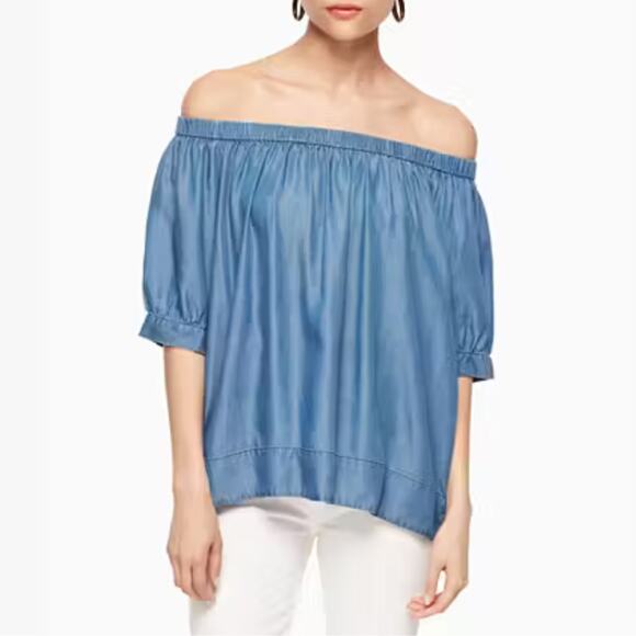 Broome Street Kate Spade Blue Soft Chambray Off The Shoulder Short Sleeve Top - Picture 1 of 14